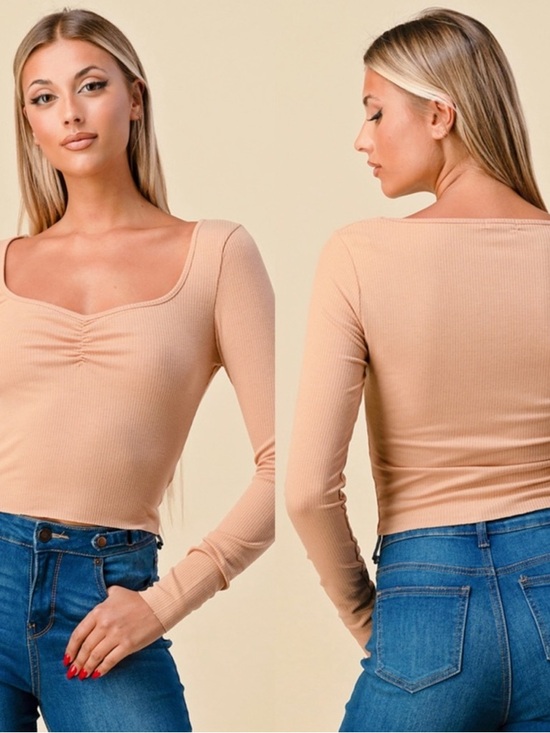 Heart & Hips Tops - Heart & Hips Ribbed Square Neck Crop Top - Beige